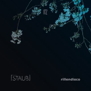 Zarte Baumzweige mit kleinen Blüten ragen von oben rechts in das Bild hinein. Der Hintergrund ist tiefschwarz, die Blüten und Äste sind in Cyan eingefärbt.